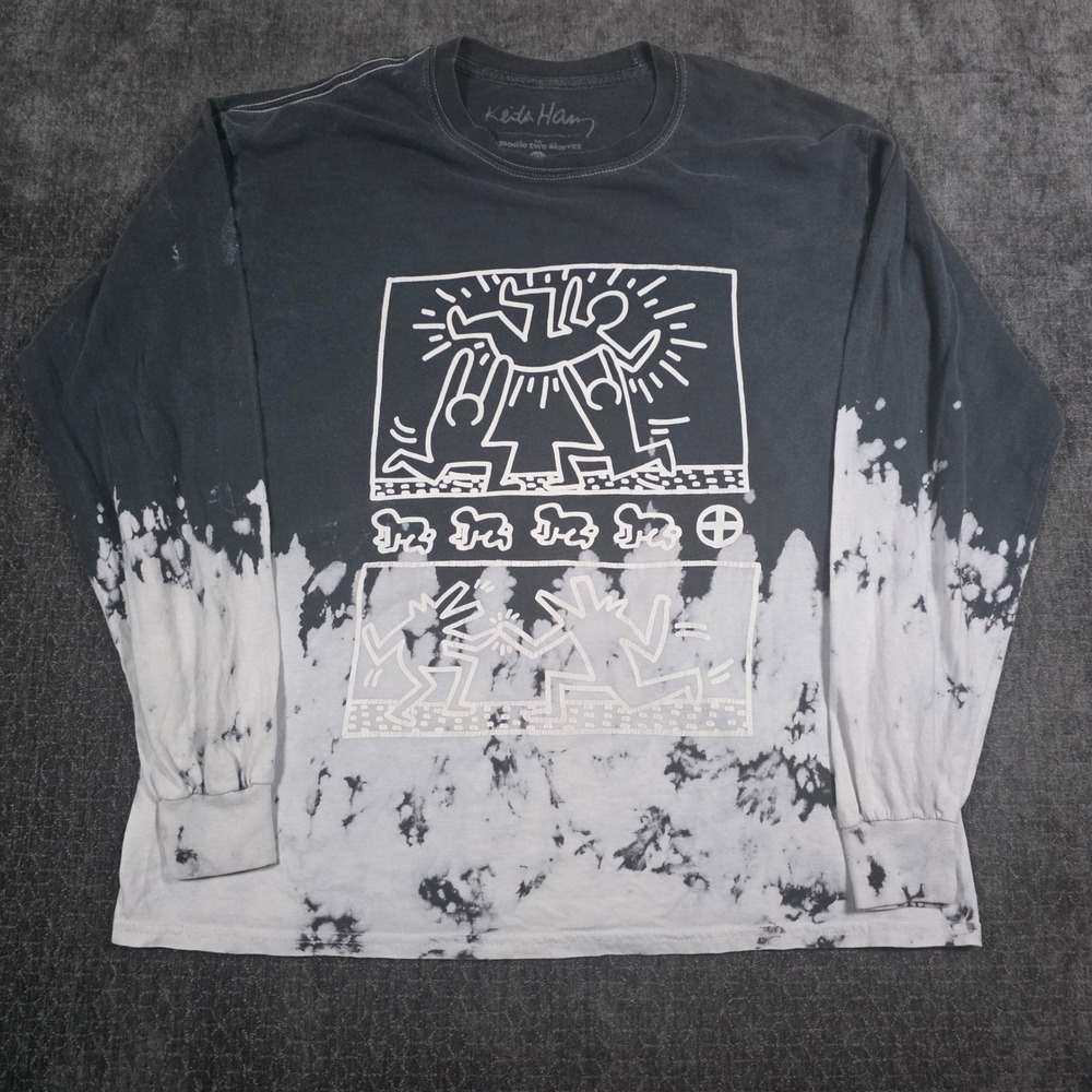 Keith Haring Goodie Two Sleeves Long Sleeve Shirt Black White Bleach Dye Mens ML